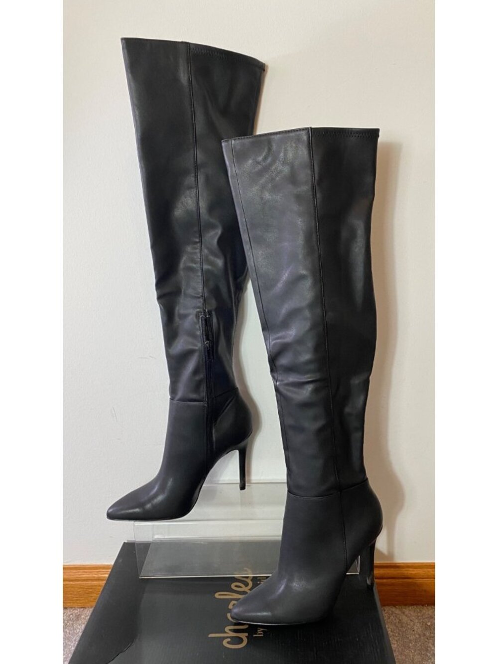 Charles David Debutante Black Over-The-Knee Stiletto Boots Size 7.5M Side Zip - Picture 1 of 9
